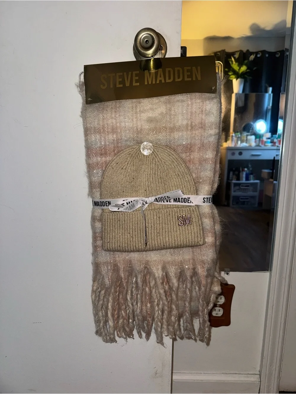 Steve Madden Neutral Knit Beanie and Plaid Fringe Scarf Set